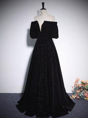 Black Off The Shoulder Velvet Evening Dress Prom Dress - DollyGown