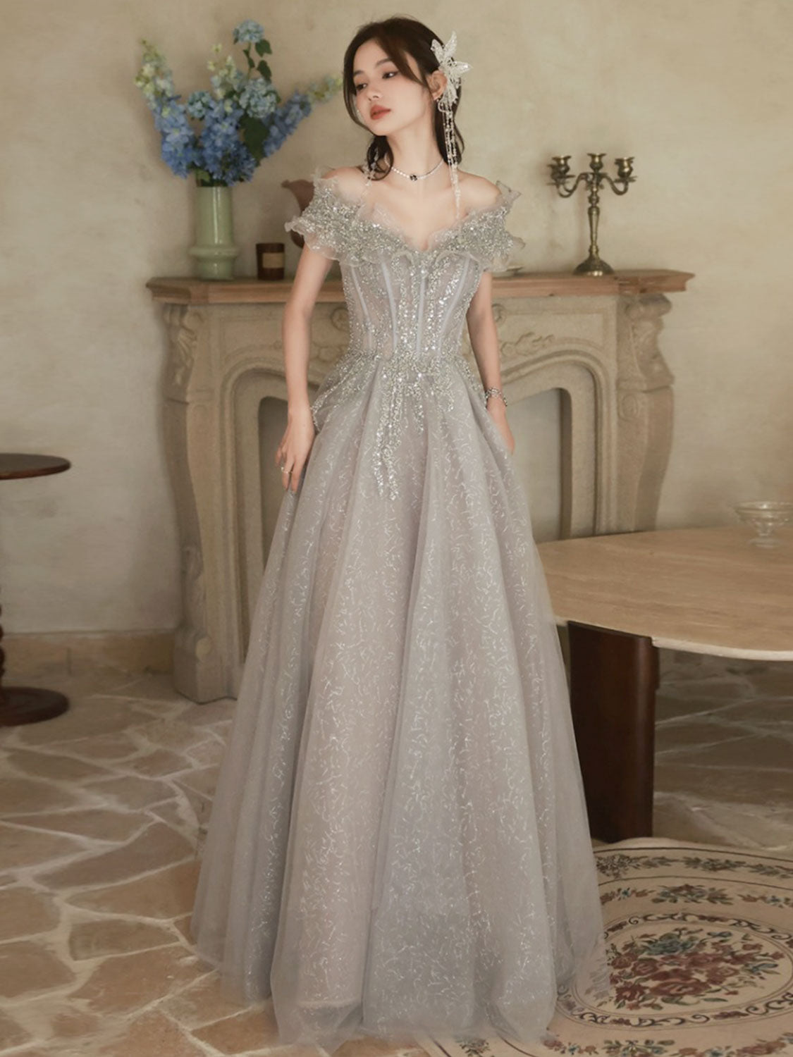 Sparkly Silver Grey A-line Maxi Off The Shoulder Prom Dress - DollyGown