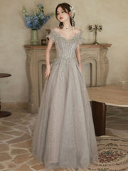 Sparkly Silver Grey A-line Maxi Off The Shoulder Prom Dress - DollyGown