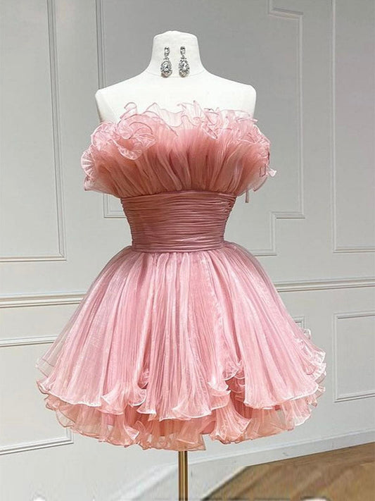 Cute Strapless Ruffle Neck Short Homecoming Dress - DollyGown