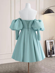 Pale Teal Off The Shoulder Short Prom Dress with Bubble Sleeves - DollyGown