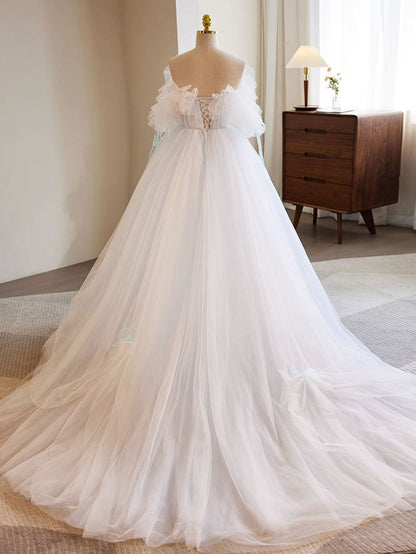 Princess Straplesss Tulle White Wedding Dress - DollyGown