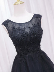 A-Line Lace Tulle Black Short Prom Dress, High Low Black Homecoming Dress - DollyGown