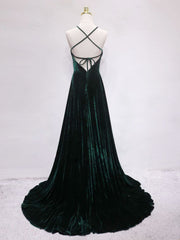 A-Line Backless Green Velvet Long Prom Dresses, Green Formal Evening Dresses - DollyGown