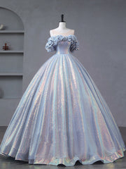 Illusion Creased Off The Shoulder Light Blue Ball Gown Quinceanera Dress - DollyGown