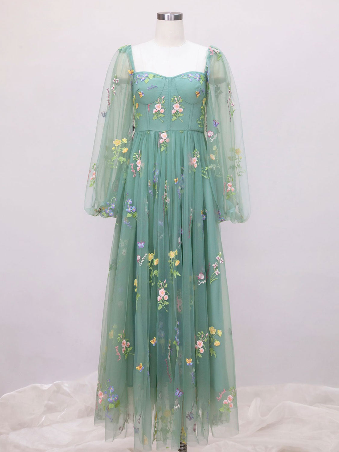 Boho Green Lace Corset Tea Length Prom Dress with Long Sleeves Boho Green Lace Corset Tea Length Prom Dress with Long Sleeves