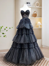 Black Strapless Tulle Tiered Sheer Prom Dress - DollyGown