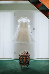 Pin Up RocknRoll Tea Length 50s Style Tiny Polka Dot Lace Wedding Dress 20081823-Dolly Gown