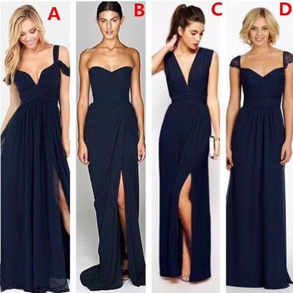 A-line Navy Blue Mismatched Side Slits Long Bridesmaid Dresses Wedding Guest Dresses,#711064 - DollyGown