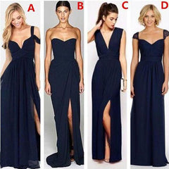 A-line Navy Blue Mismatched Side Slits Long Bridesmaid Dresses Wedding Guest Dresses,#711064 - DollyGown