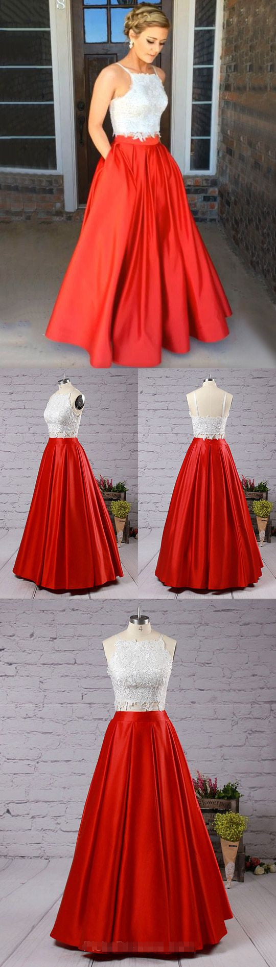 Newest 2 Piece White Lace Crop Top Prom Dress Long with Red Skirt for Teens,#711066-Dolly Gown