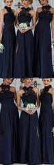 Modest Halter Lace Top A-Line Dark Blue Bridesmaid Dresses Long with Side Slit,#711067-Dolly Gown