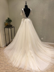 Sexy See Through Floral Tulle Deep V Neck Lace Top Ball Gown Wedding Dress #711069-Dolly Gown