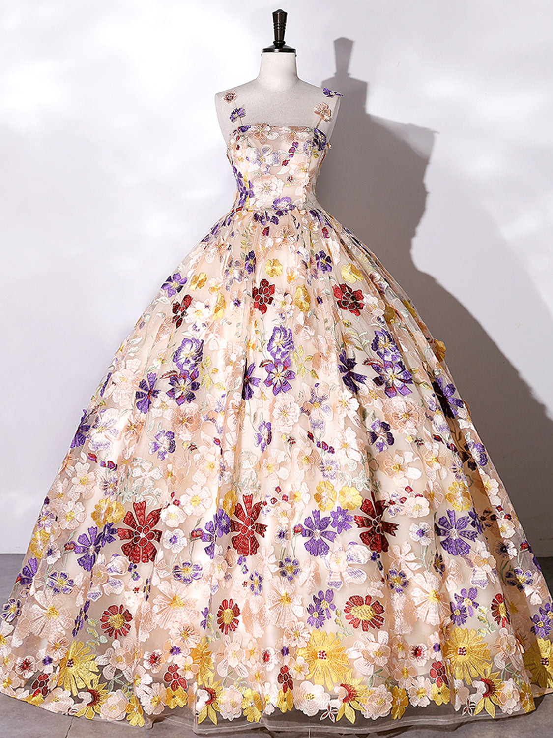 Sweet Spaghetti Strap Floral Ball Gown Quinceanera Dress Sweet 16 Dress - DollyGown