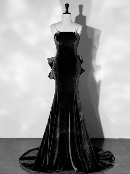 Spaghetti Strap Black Velvet Mermaid Prom Dress with Big Bow Back - DollyGown
