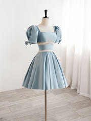 Cute Light Blue Satin Square Neck Short Formal Dress Homecoming Dress - DollyGown