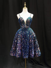 Sparkly Spaghetti Strap A-line Short Sequin Blue Homecoming Dress - DollyGown