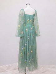 Boho Green Lace Corset Tea Length Prom Dress with Long Sleeves - DollyGown