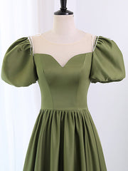 Sage Green Satin A-line Long Prom Dress with Bubble Short Sleeves - DollyGown