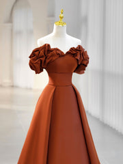 Off The Shoulder Satin Orange Simple Prom Dress - DollyGown