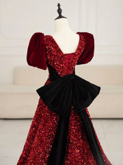 V-neck Burgundy Sequins A-line Prom Dress with Bubble Sleeves - DollyGown