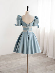 Cute Light Blue Satin Square Neck Short Formal Dress Homecoming Dress - DollyGown