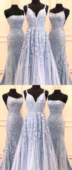 Fairy Light Blue Lace Appliques Tulle A-line Long Prom Dress.20081909-Dolly Gown