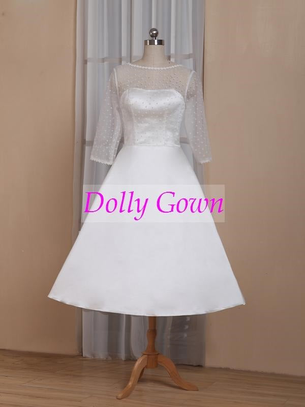 A-line Pinup Rockabilly Polka Dot Bateau Neck Tea Length 50s Wedding Dress with Sleeves,GDC1523 - DollyGown