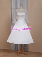 A-line Pinup Rockabilly Polka Dot Bateau Neck Tea Length 50s Wedding Dress with Sleeves,GDC1523 - DollyGown