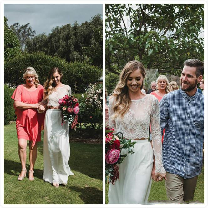 Affordable Boho Flowy Lace Long Sleeves Two Piece Bridal Gown,Bridal Separates,20082681 - DollyGown