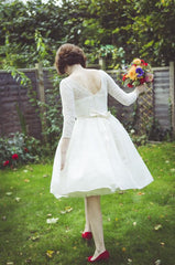 Affordable Country Style Lace Round Neck Tea Length Wedding Dress with 3/4 Sleeves,20110637 - DollyGown