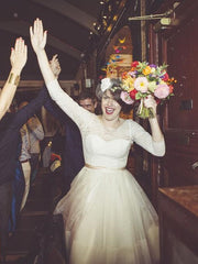 Affordable Country Style Lace Round Neck Tea Length Wedding Dress with 3/4 Sleeves,20110637 - DollyGown