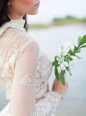 Affordable High Neck Lace Crop Top Long Sleeved Bridal Separates,20082342 - DollyGown