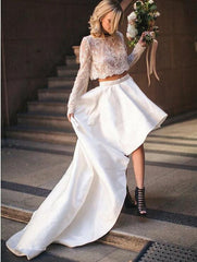 Affordable Two Piece Long Sleeved Lace Top Wedding Dress with Hi-Lo Skirt Wedding Dress,20082207 - DollyGown