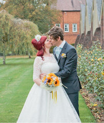 Affordable Vintage inspired Scoop Neck Tea Length Lace Wedding Dress with Sleeves,20110635 - DollyGown