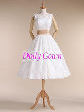 Audery Hepburn 50s Style V neck Tea Length Lace Wedding Dresses,20072809-Dolly Gown