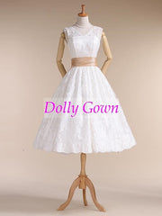 Audery Hepburn 50s Style V neck Tea Length Lace Wedding Dresses,20072809-Dolly Gown