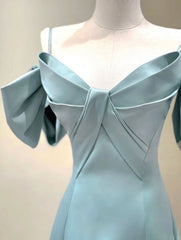 Light Blue Satin Spaghetti Strap Off The Shoulder Prom Dress - DollyGown