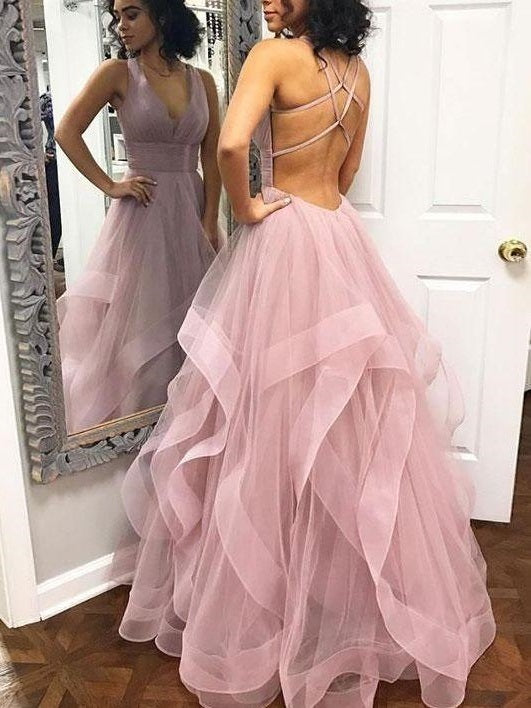 Backless Pale Pink Ball Gown Ruffle Tulle Bottom Prom Gown | Formal Long  Dress