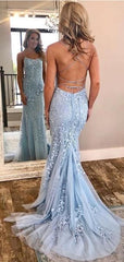 Backless Sky Blue Floral Lace Formal Prom Dress,Mermaid Evening Dress with Court Train,GDC1053-Dolly Gown