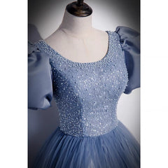 Ball Gown Dusty Blue Prom Dress with Bubble Sleeves - Dollygown