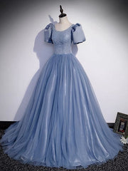 Ball Gown Dusty Blue Prom Dress with Bubble Sleeves - Dollygown