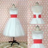 Bateau Polka Dots 50s Style Tea Length Wedding Dress with Red Waist Panel, GDC1521-Dolly Gown