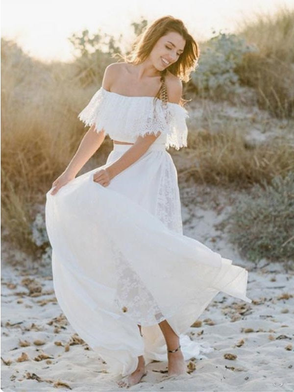 Beach Flowy Off the Shoulder Two Piece Lace Wedding Dress