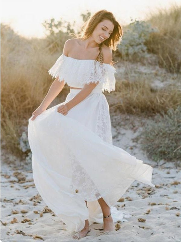 Beach Flowy Off the Shoulder Two Piece Lace Wedding Dress,Casual Bridal Separates,20082695-Dolly Gown