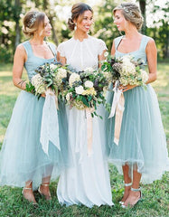 Beautiful Mint Tea Length Tulle Bridesmaid Dresses with Wide Straps,20081820-Dolly Gown