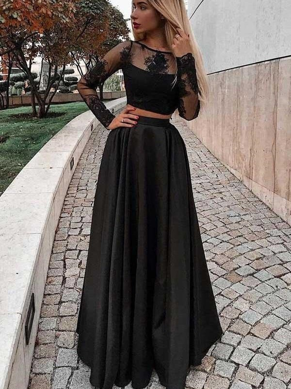 Black Fashion Long Sleeved Lace Two Piece Prom Formal Dress