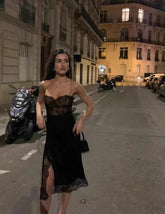 Black Lace French Style Midi Slip Dress - DollyGown