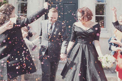 Black Off Shoulders Vintage Style Short Wedding Dress with Sleeves for Older Brides,20111554-Dolly Gown