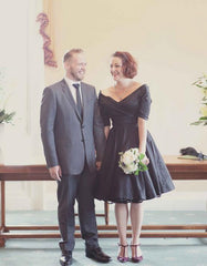 Black Off Shoulders Vintage Style Short Wedding Dress with Sleeves for Older Brides,20111554-Dolly Gown